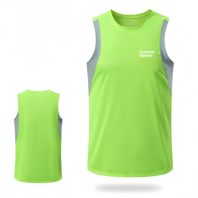 A green and grey sleeveless singlet made from 100% polyester micro mesh, featuring a logo on the front.