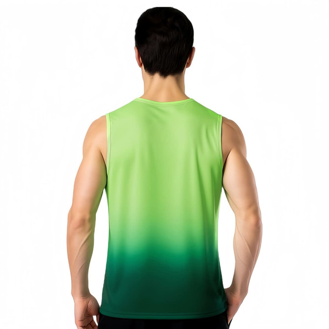 A sleeveless green gradient singlet featuring a crew neck design and a subtle logo on the back.