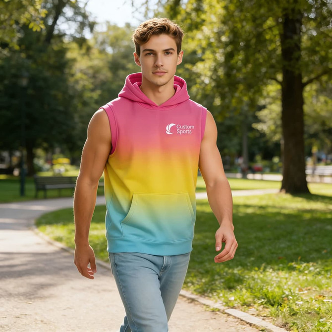 A sleeveless hoodie in pink to blue gradient with a pocket and a logo, worn by a man walking in a park.