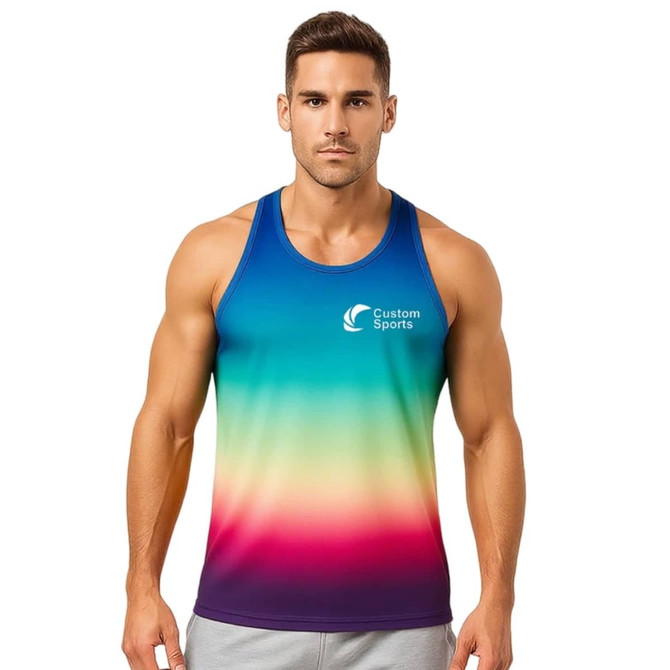 A gradient singlet featuring blue, green, yellow, and pink hues, with a logo on the front.