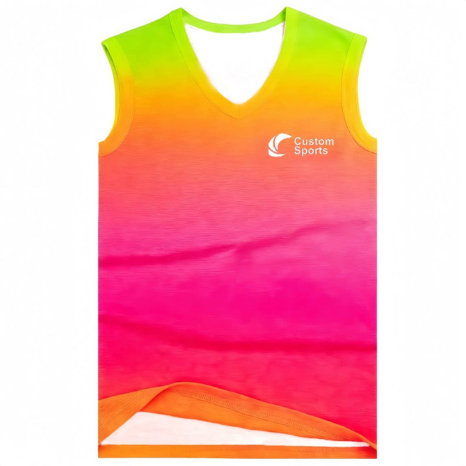 A vibrant V-neck singlet in gradient shades of pink, orange, and green, featuring a logo.