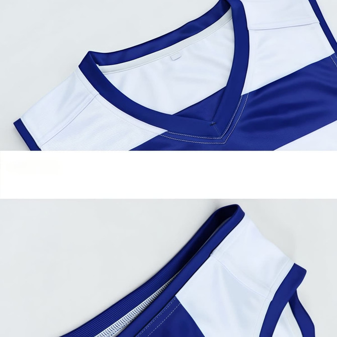 A blue and white V-neck singlet made of 100% polyester micro mesh, featuring a logo on the upper section.