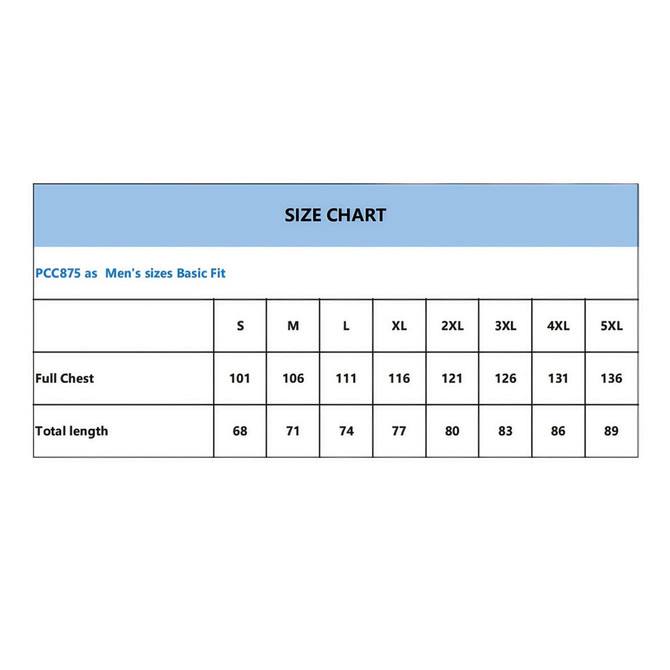 A size chart for the PCC875 men's basic fit, detailing full chest measurements and total length for various sizes.