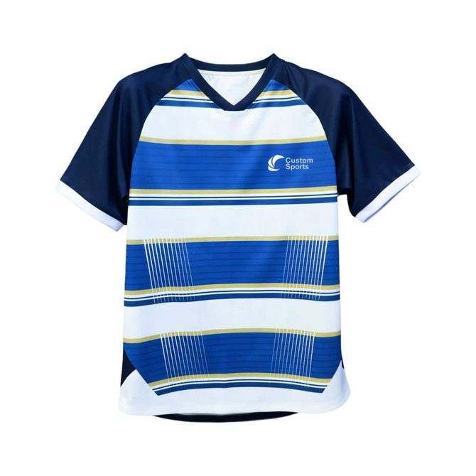 A blue and white polyester micro mesh V-neck raglan T-shirt with striped design and a logo.