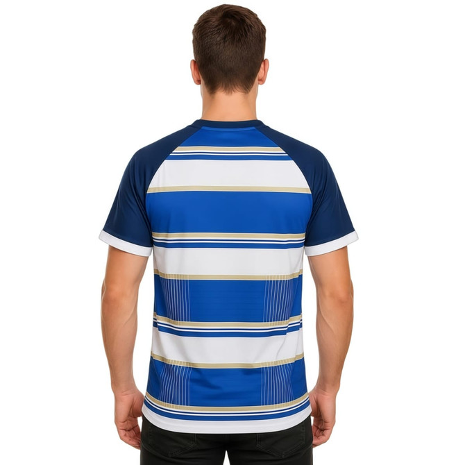 A blue and white striped V-neck raglan T-shirt with a logo on the back, made from 100% polyester micro mesh.
