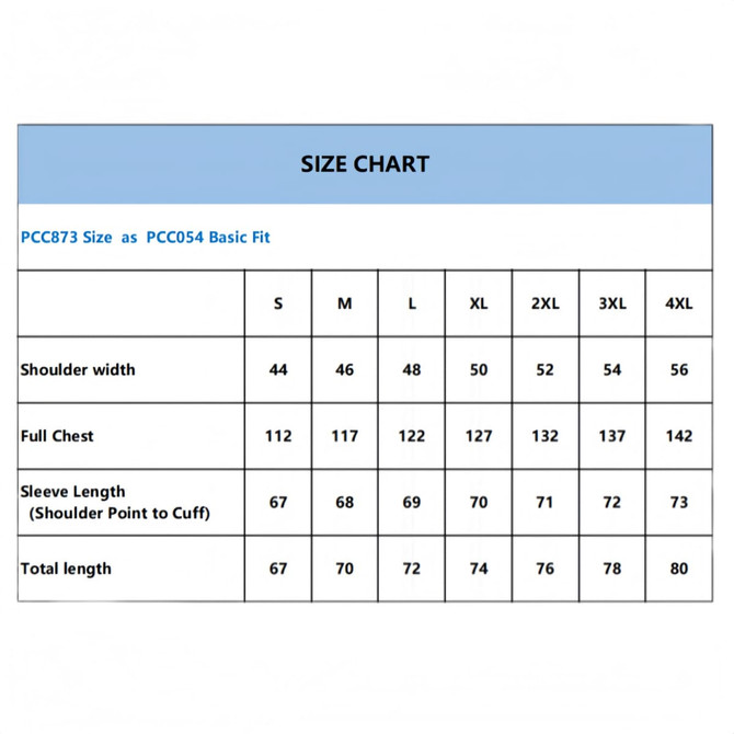 A size chart displaying measurements for a unisex polyester spandex track jacket in various sizes.