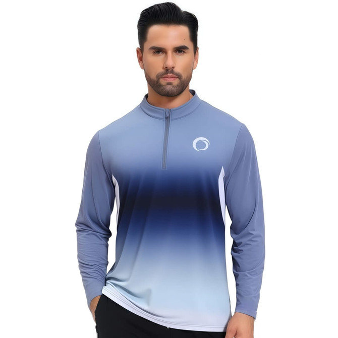 A long-sleeved shirt with a stand-up collar, featuring a blue gradient and a logo on the chest.
