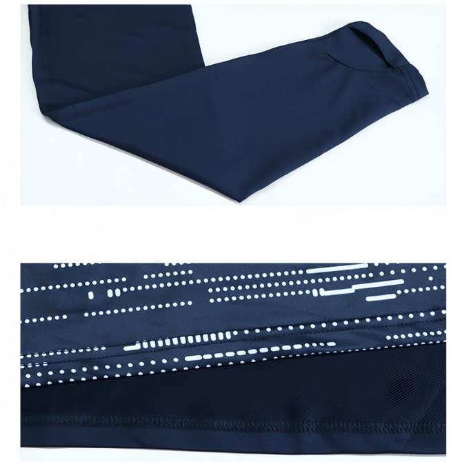 A navy polyester spandex raglan jacket featuring a stand-up collar and quarter-zip design, with a patterned detail.