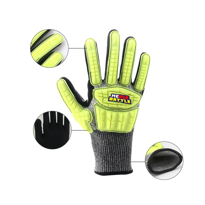 A pair of heavy-duty safety work gloves in grey and bright yellow, featuring textured palms and finger protection.