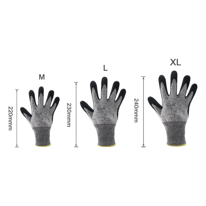 A set of cut resistant nitrile gloves in grey with black fingertips, displaying sizes M, L, and XL.