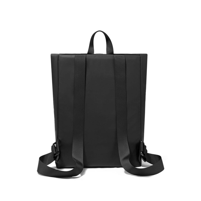 A black tarpaulin roll top backpack featuring two adjustable shoulder straps and a loop handle.