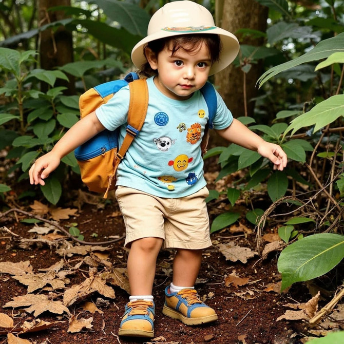 A child wearing a beige PVC safari hat and a blue T-shirt, walking on a forest trail with a small orange backpack.