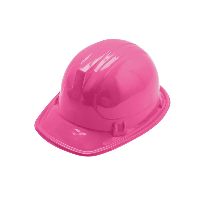 A pink PVC construction hat with a shiny finish and grooves on the top.