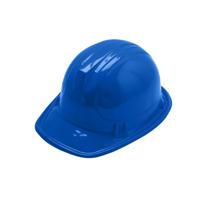 A blue PVC construction hat with a glossy finish, featuring an internal band for comfort and a brim for protection.