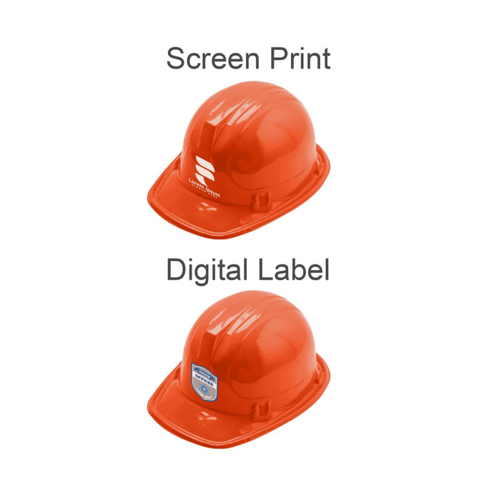An orange PVC construction hat with a logo, displayed from two angles, one featuring a screen print and the other a digital label.