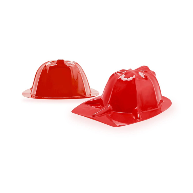 Red PVC fire chief hats are displayed, featuring shiny surfaces and classic fireman helmet shapes. One hat is shown upright, another is tilted.