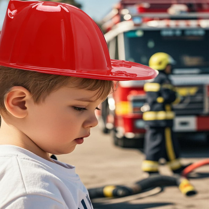 A child wearing a shiny red PVC fire chief hat stands in front of a fire truck, with a firefighter in the background.