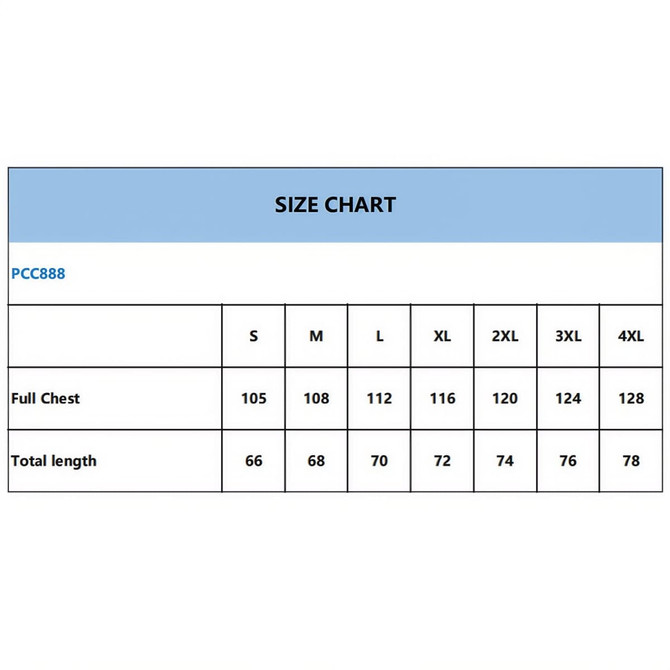 A size chart displaying measurements for various sizes of a product, including chest and length dimensions in centimetres.