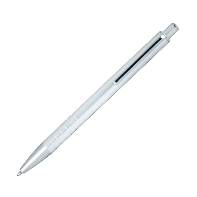 A white ballpoint pen with a clip and click action mechanism, featuring a sleek design.
