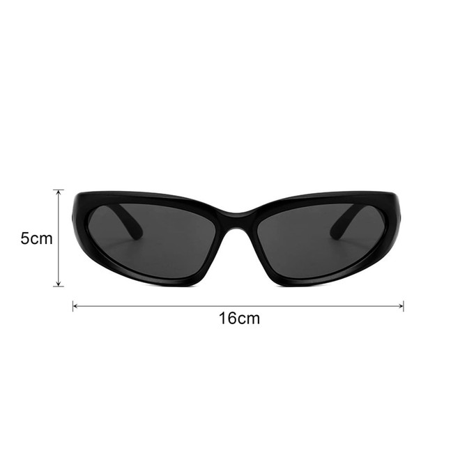 A pair of black wraparound sunglasses with dark lenses, measuring 5cm in height and 16cm in width.