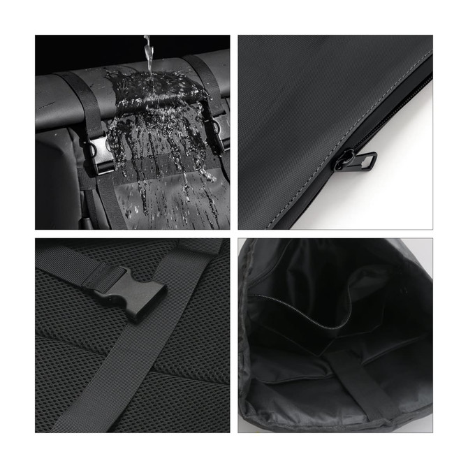 A waterproof black polyurethane roll top backpack featuring adjustable straps, clips, and an empty interior.