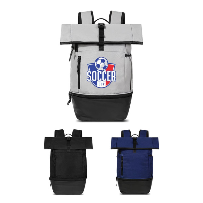 A grey and black Sports Roll Top Backpack with a logo, featuring additional black and navy options below.