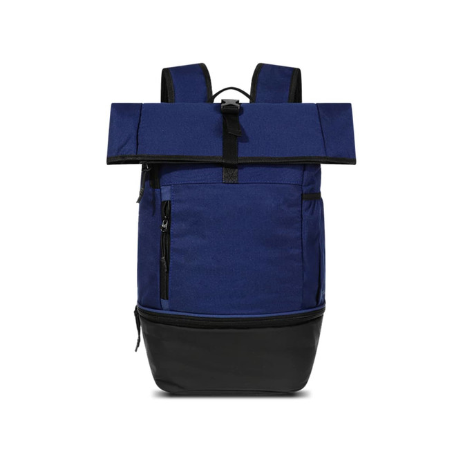 A blue and black roll top backpack featuring adjustable straps and a front zip pocket, with a logo present.