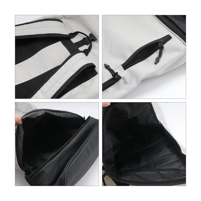 A roll top backpack in grey and black, featuring adjustable straps and interior pocket design. It has a logo.
