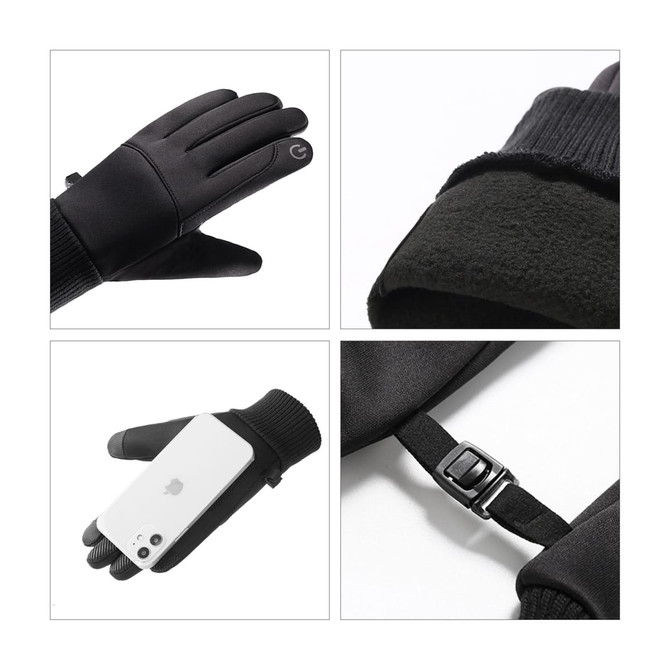 Black touchscreen winter gloves with a snug fit, showcasing a soft inner lining and a strap detail for adjustability.