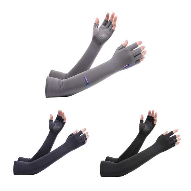 Long sleeve sun protective fingerless gloves in grey and black, featuring a logo on the wrist area.