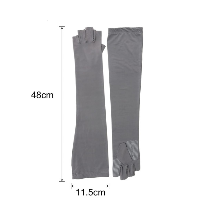 Long sleeve, grey sun protective fingerless gloves displayed side by side with measurement details. Features a logo.