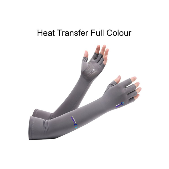 Long sleeve, grey sun protective fingerless gloves displayed with a subtle logo. Ideal for outdoor activities.