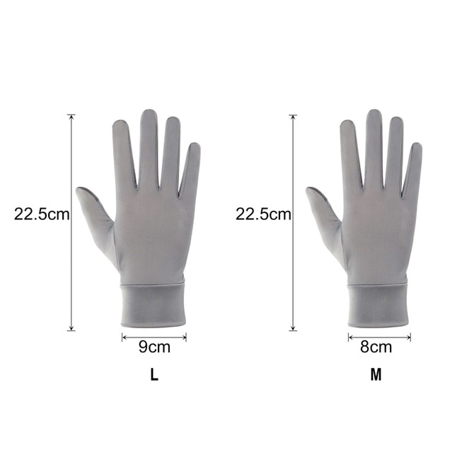 A pair of grey full finger gloves with measurements displayed, featuring a sleek design and a logo.