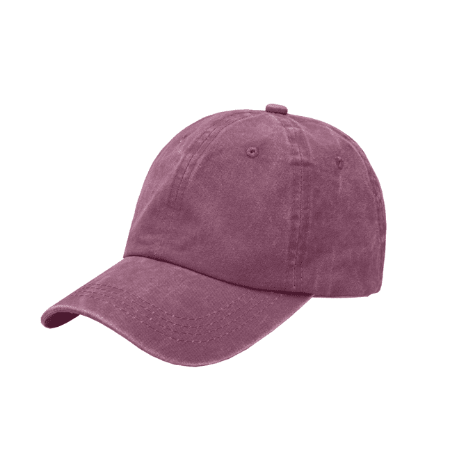 A vintage washed baseball cap in a soft mauve colour, featuring a curved brim and a logo.