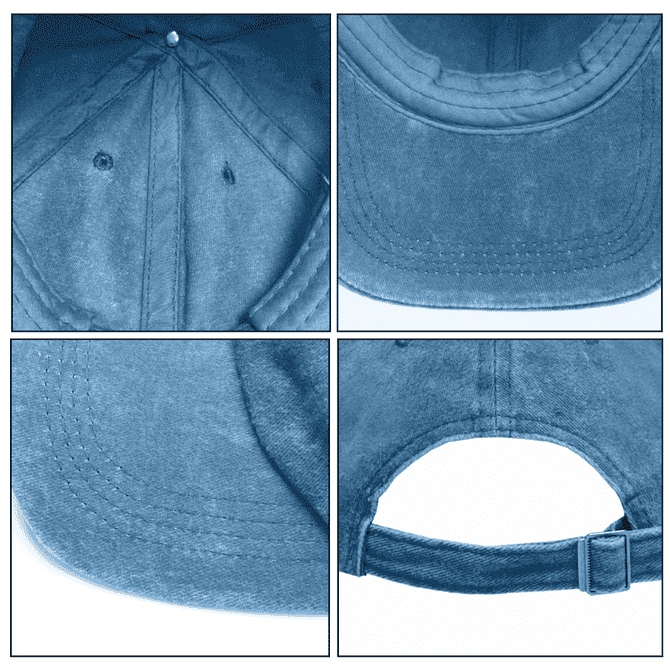 A vintage washed baseball cap in a soft blue hue, featuring stitching details and an adjustable strap at the back.
