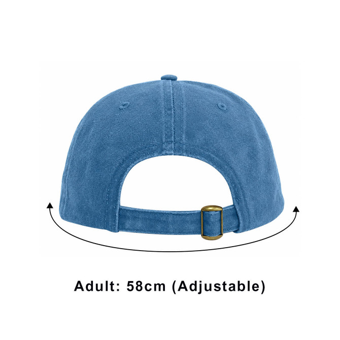 A blue 6 panel vintage washed baseball cap with an adjustable strap and a metal buckle at the back.
