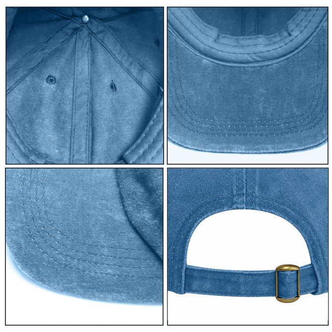 A vintage washed blue baseball cap featuring a logo, with detailed stitching and an adjustable strap at the back.