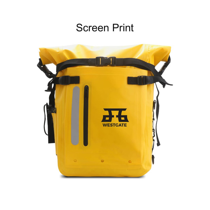 A waterproof roll top backpack in bright yellow with straps and a logo. Features reflective strips for visibility.
