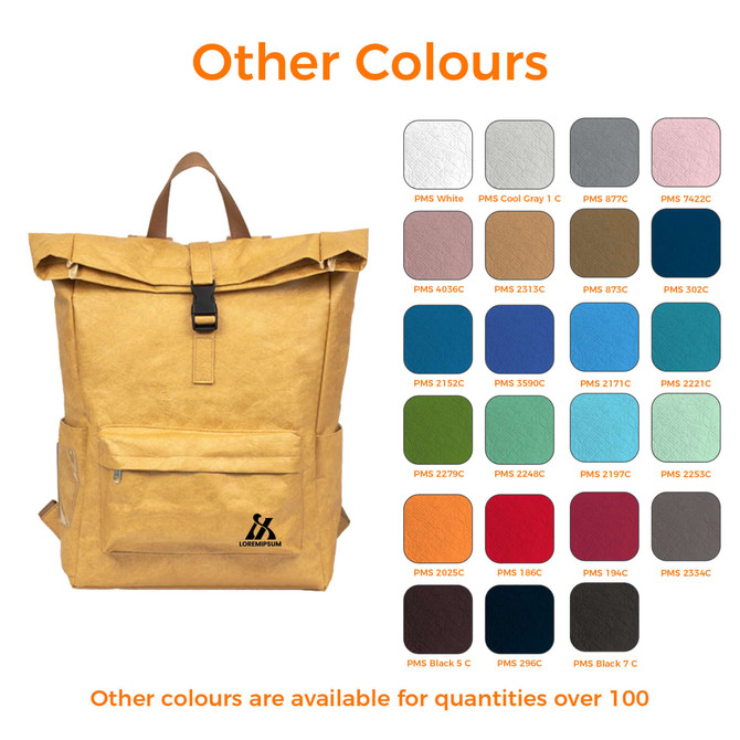 A yellow Tyvek roll top backpack with various colour swatches displayed alongside. It features a logo.