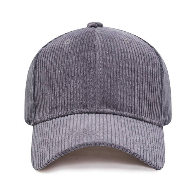 A grey corduroy baseball cap featuring a structured crown and a curved brim. It has a logo on the front.