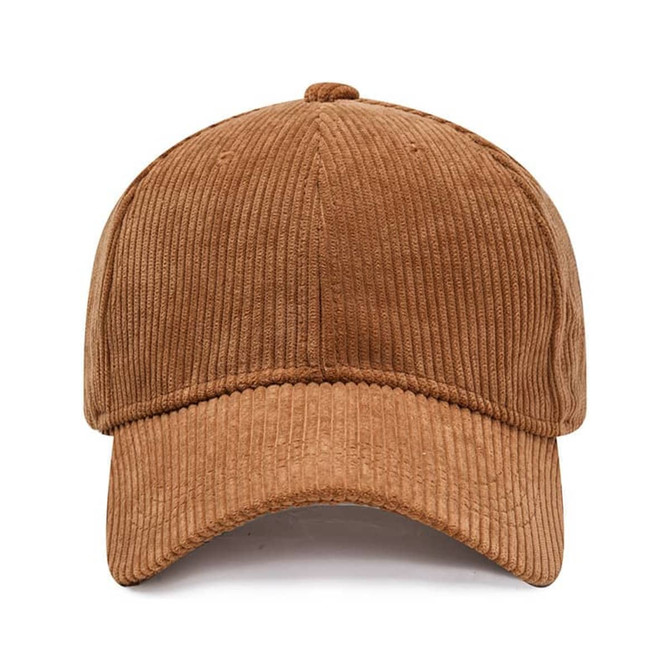 A corduroy baseball cap in a warm brown shade with a curved brim and subtle branding.