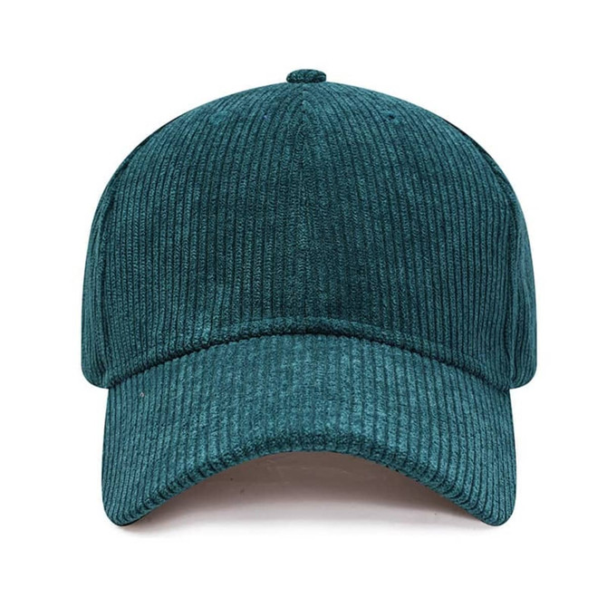 A teal corduroy baseball cap with a structured crown and curved brim, featuring a logo on the front.