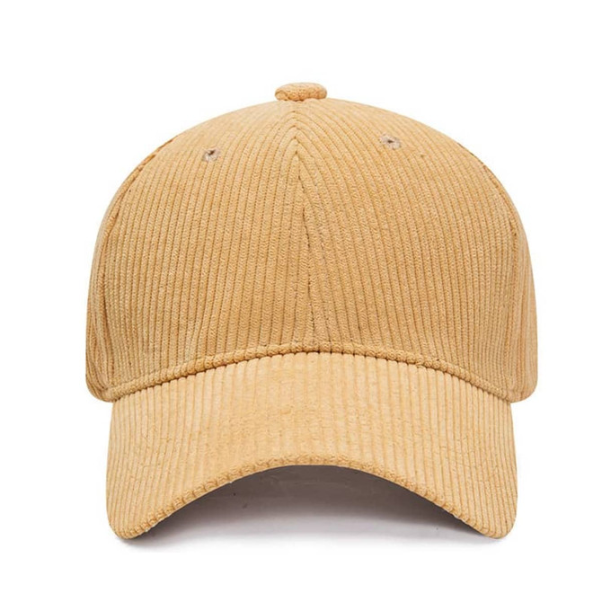 A corduroy baseball cap in a warm tan colour, featuring stitching details and a logo on the front.