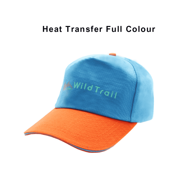 A blue and orange Sandwich Bill Hat featuring a logo in the front. The cap has a structured design and adjustable strap.
