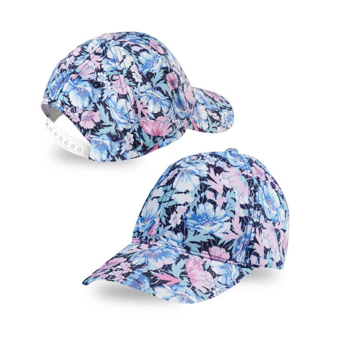 A floral-patterned 6 panel custom cap in shades of blue, pink, and purple, featuring a logo on the front.