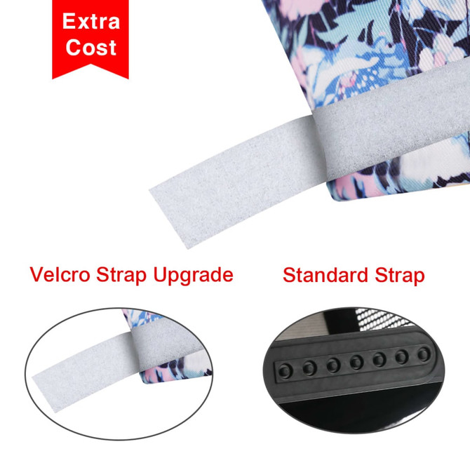 A close-up of a cap featuring a floral design, displaying a velcro strap and a standard strap option.