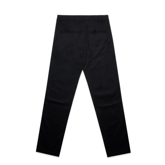 Black straight elastic pants with a smooth finish and two back pockets, featuring a logo on the waistband.