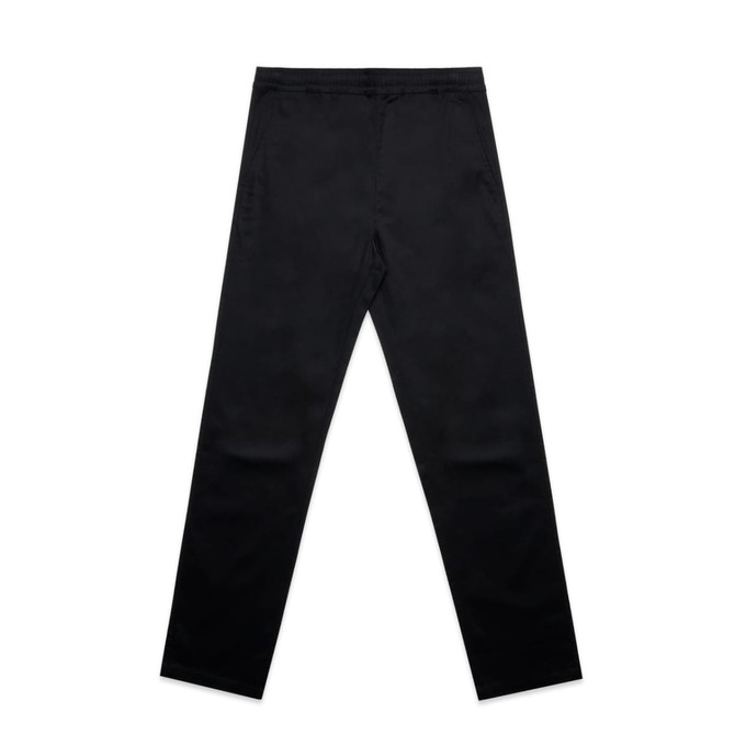 Black straight elastic pants displayed on a white background, featuring a simple design and a logo.