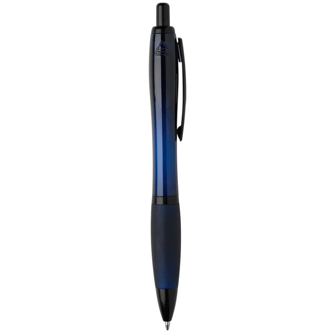 A recycled black pen featuring a sleek blue gradient design and a clip for easy attachment.