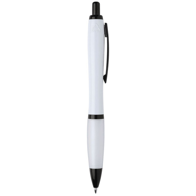 A black and white pen with a translucent barrel and a black clip, featuring a logo on the body.